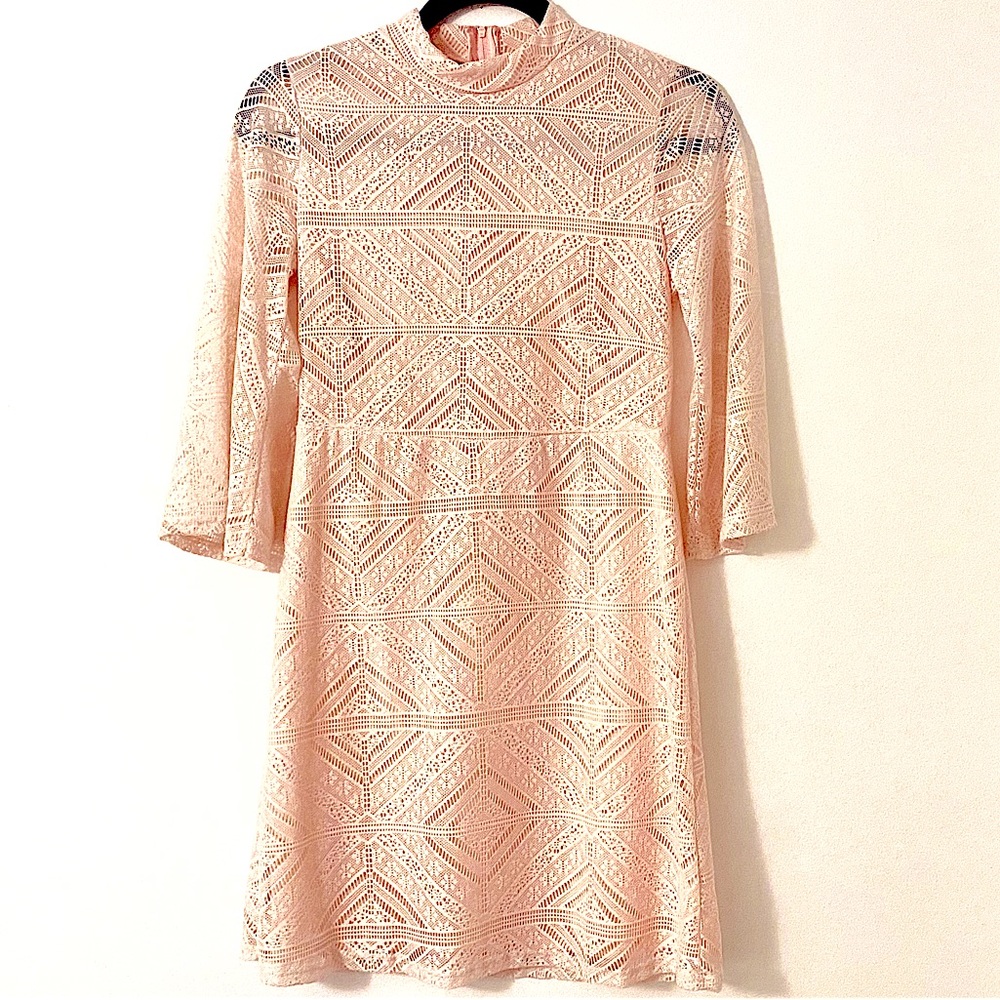 Mock Neck Crochet Dress with Bell Sleeves